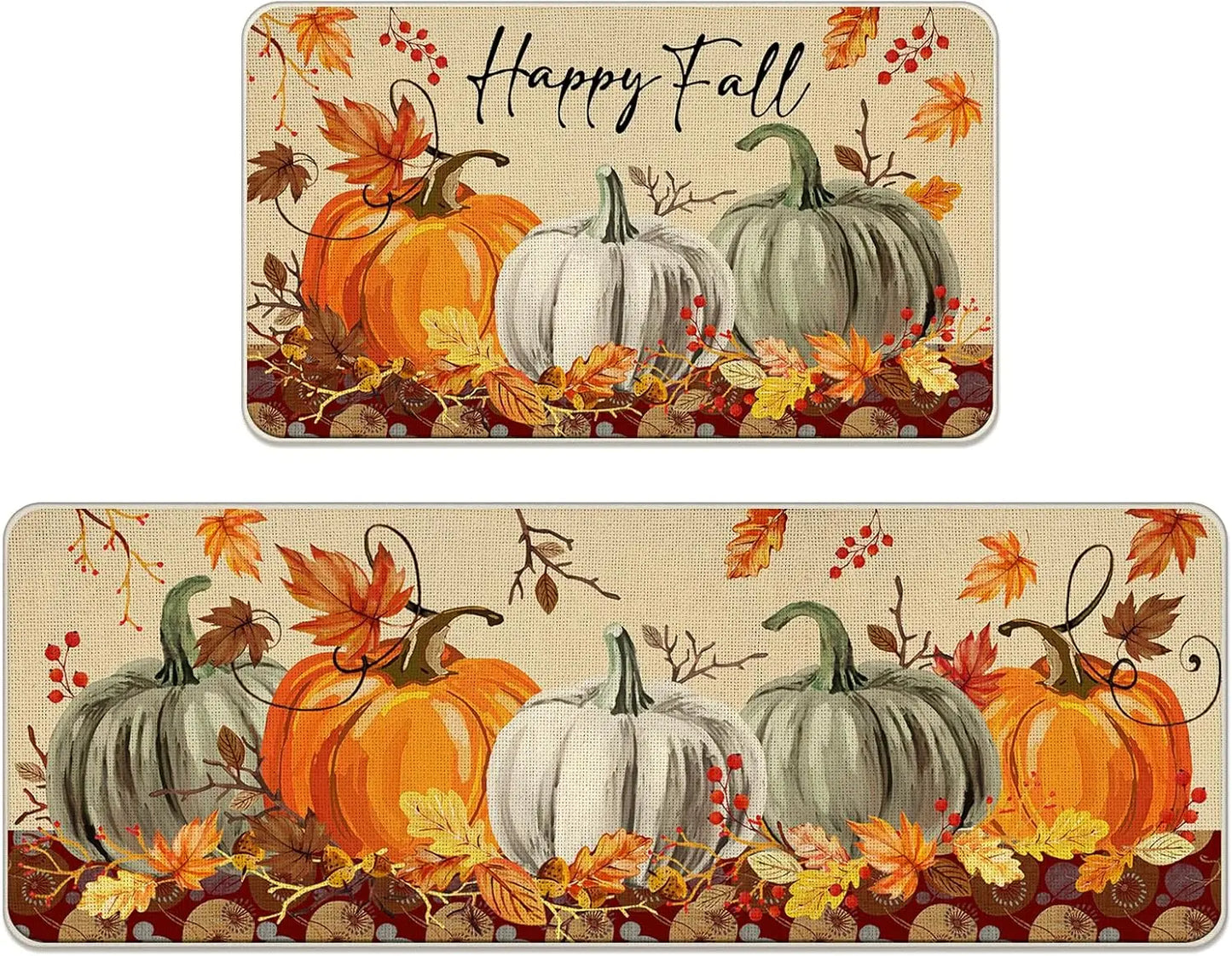 Fall Pumpkin Kitchen Mat – Autumn Maple Leaf Non-Slip Rug for Entryway, Living Room, Hallway, Laundry Room & Balcony