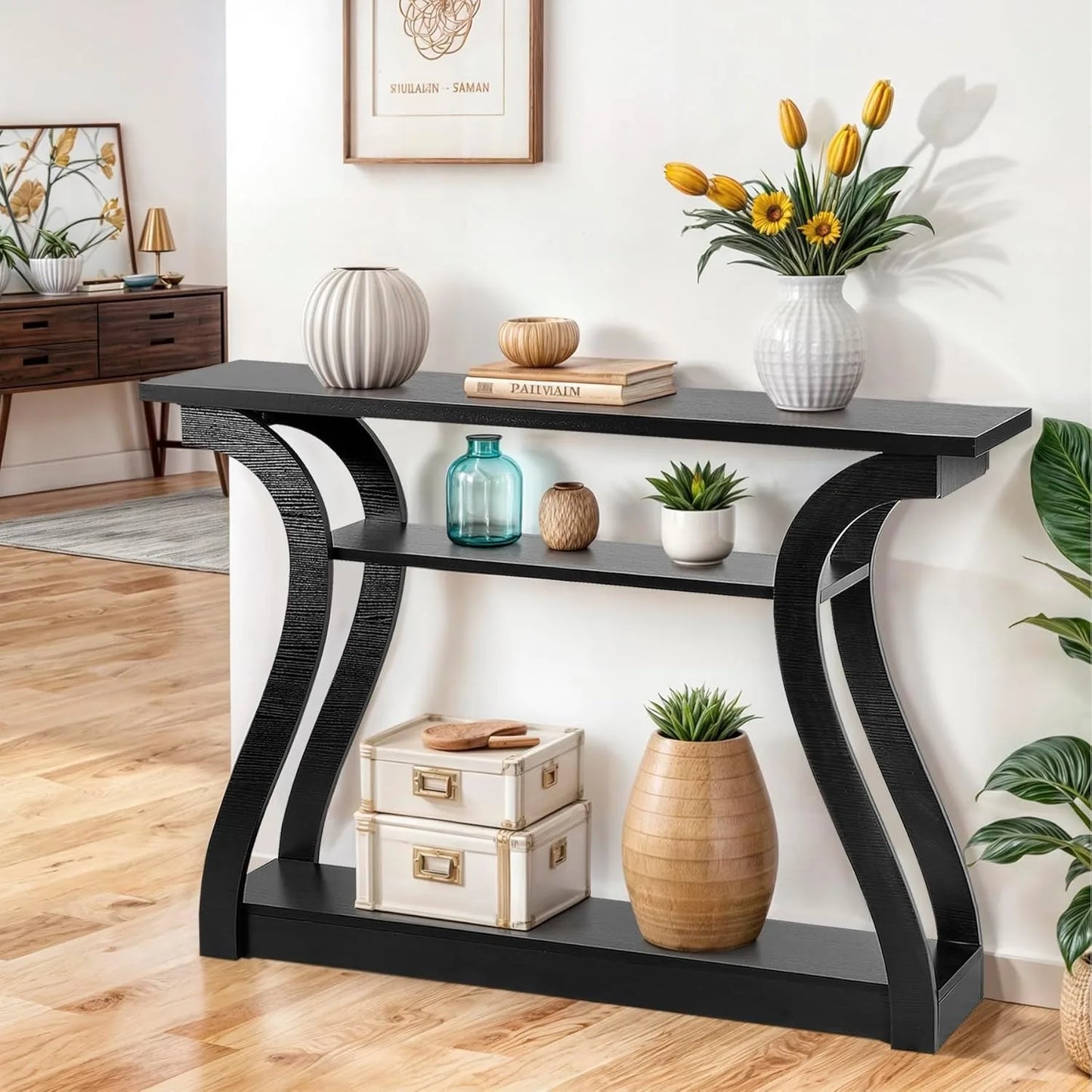 3 Tier Wood Console Table with Curved Legs and Shelf