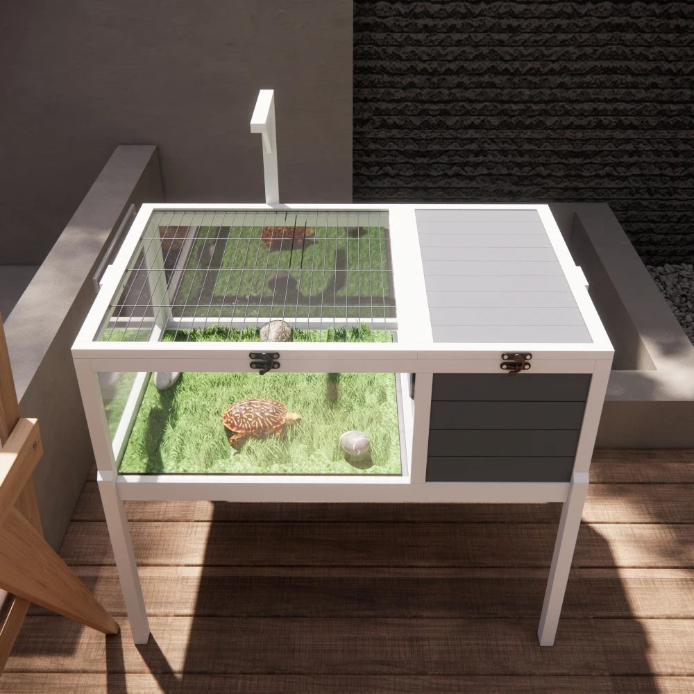 Wooden Tortoise Habitat House – Reptile Cage with Detachable Legs, Removable Waterproof Tray & Built-in Light for Small Animals