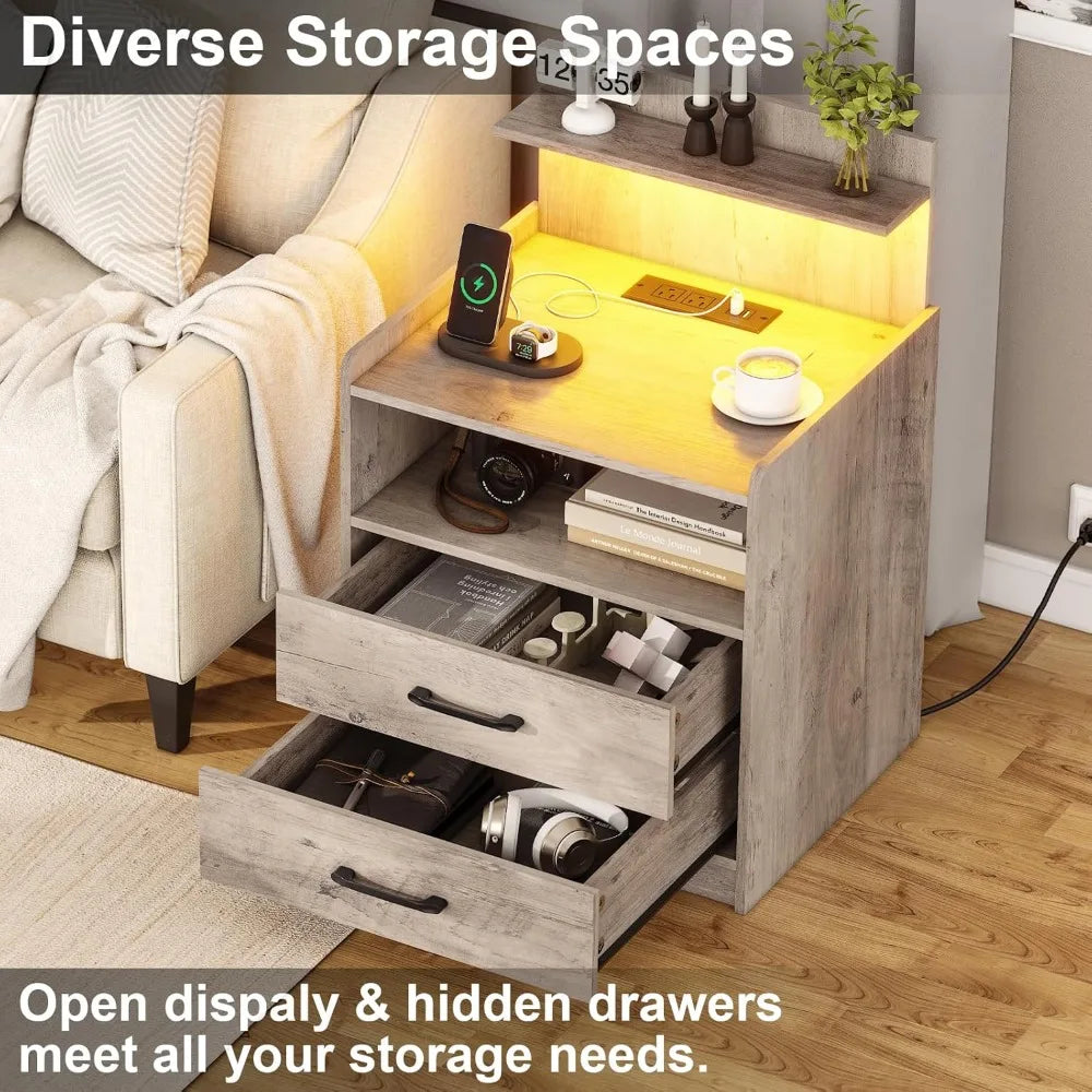 Set of 2 Nightstands with LED Lights & Charging Station – Modern Bedside Tables with Drawers, USB Ports & Open Storage