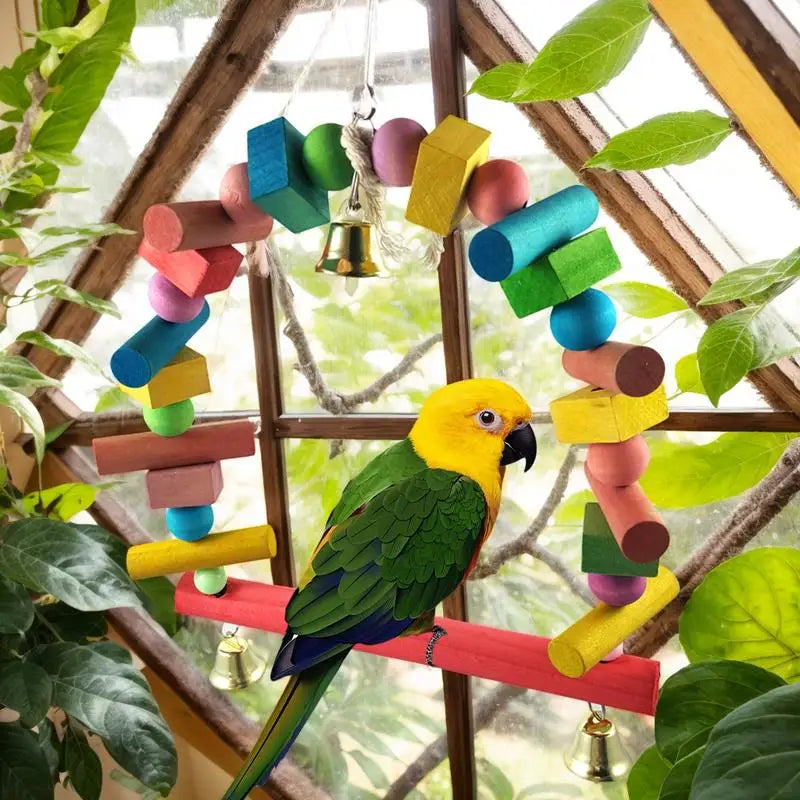 Wooden Bird Swing for Parakeets – Hanging Perch with Bell, Chewing Toy & Standing Rod for Lovebirds, Conures, Cockatiels, and Small Parrots