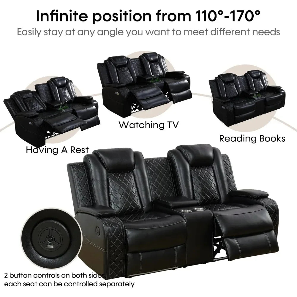 Theater Style Power Leather Recliner and Sofa Set with USB Ports and Storage Console