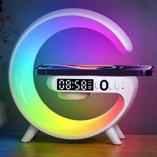 5.9" Wireless Charger Bluetooth Speaker with RGB Light – Fast Charging Stand, Clock, TF Support, Desktop Lamp for iPhone & Samsung