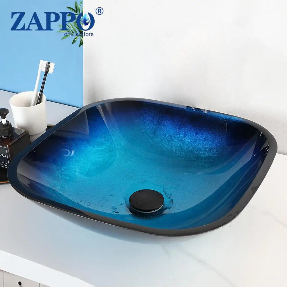 ZAPPO Blue Tempered Glass Bathroom Vessel Sink with Waterfall Black Faucet – Oval Above-Counter Basin Set