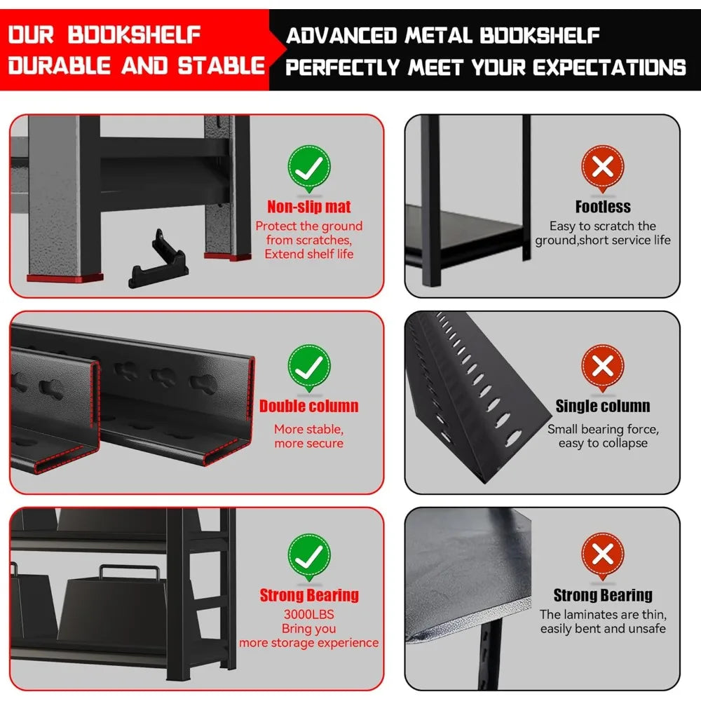 5 Tier Heavy Duty Metal Adjustable Bookshelves