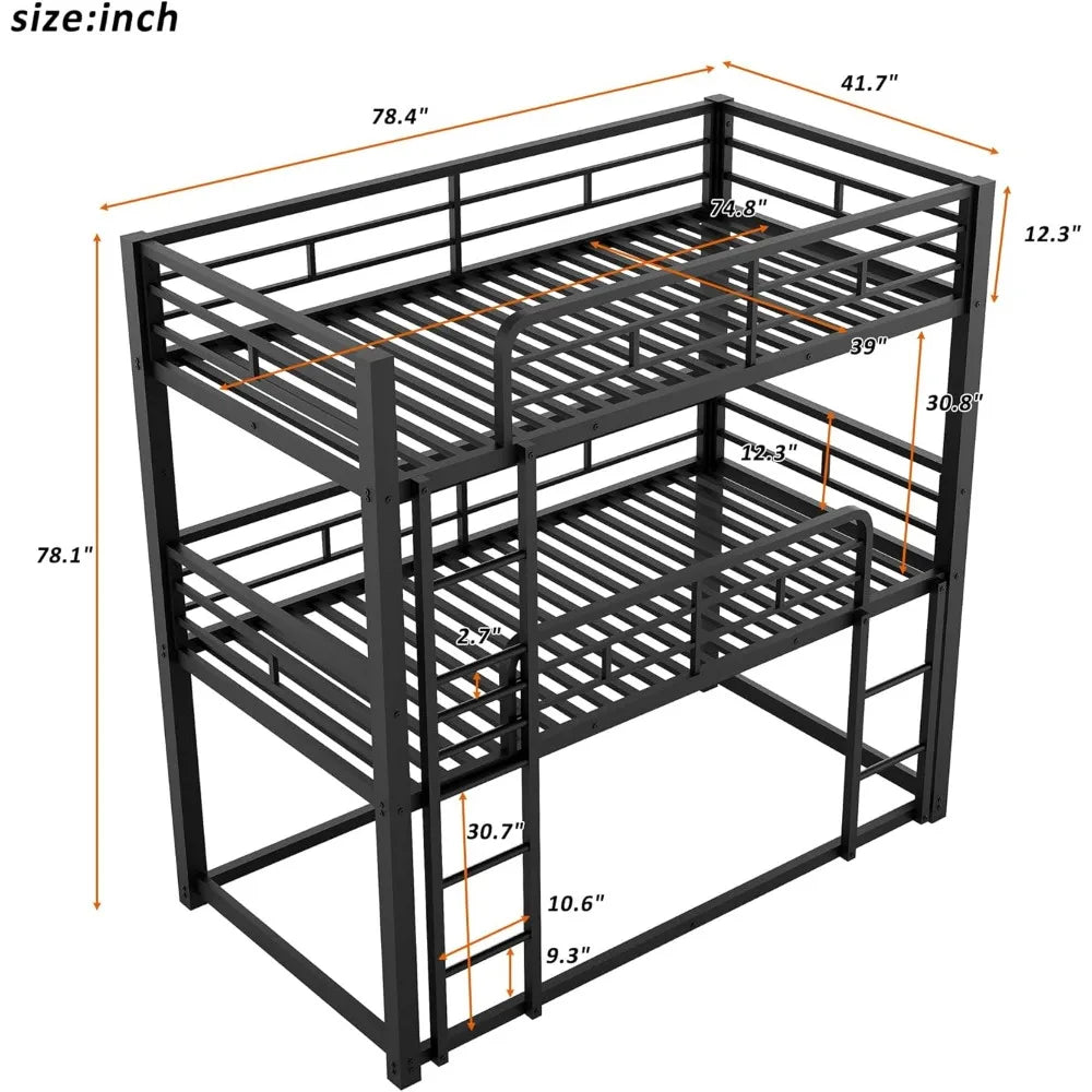 Twin Metal Triple Bunk Bed – Modern Heavy-Duty Space-Saving Bed Frame for 3 Kids, Black Finish