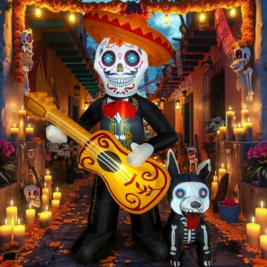 6 FT Halloween Inflatable Day of the Dead Decoration – Blow-Up Sugar Skull Guitar & Skeleton Dog for Yard or Garden