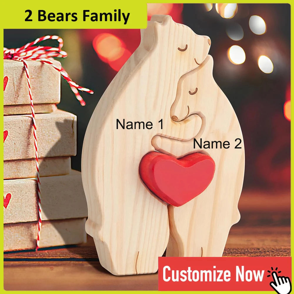 Personalized Custom Bear Family Wooden Puzzle – DIY Name Engraved Sculpture Figurine for Home Desk Decor, Christmas & Birthday Gift