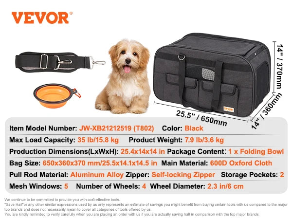 VEVOR Rolling Pet Carrier Backpack – Breathable Cat & Dog Travel Bag with Telescopic Handle, Wheels & Shoulder Straps