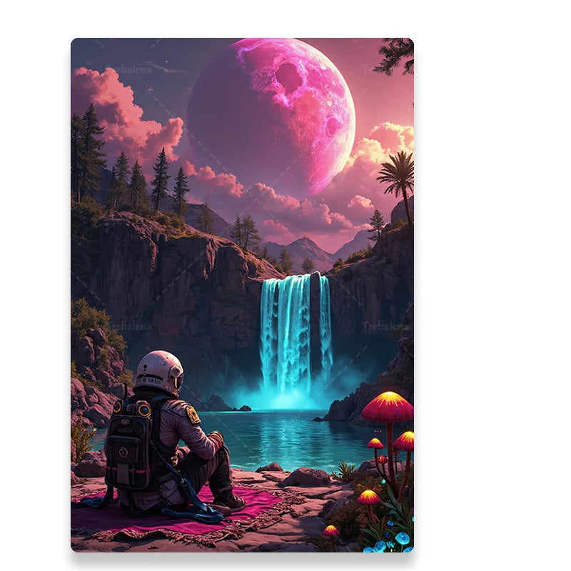 Futuristic Astronaut Wall Tapestry – Glowing Waterfall & Pink Moon, Sci-Fi Home Décor for Bedroom, Living Room, or Dorm