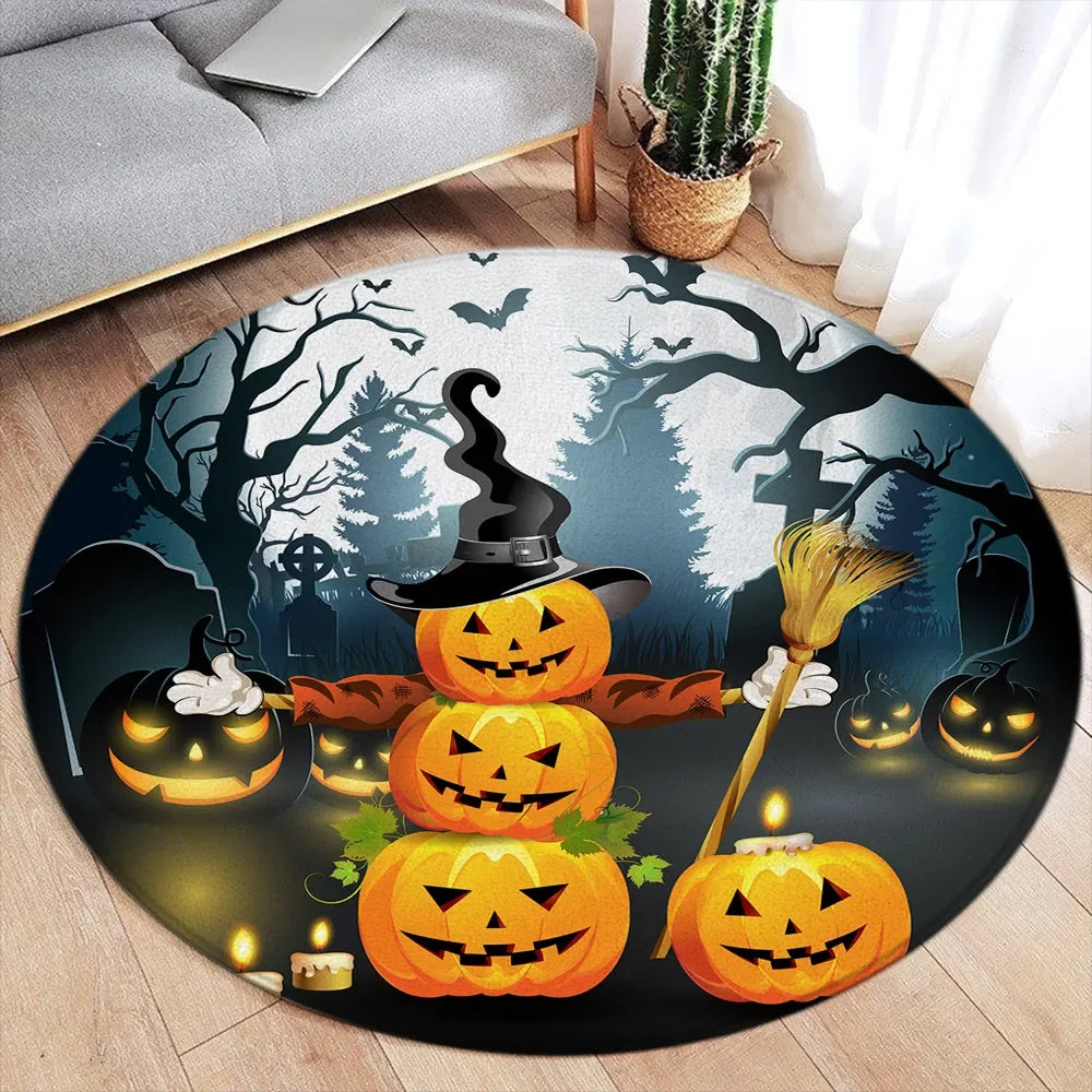 Cartoon Halloween Round Carpet – Cute Ghost, Pumpkin, Black Cat & Bat Rug for Living Room & Bedroom Decor