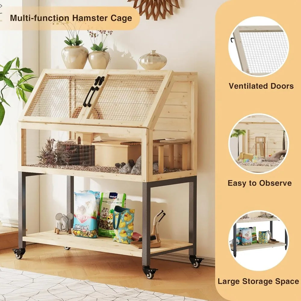 Small Wooden Transparent Animal Cage with Storage Shelf