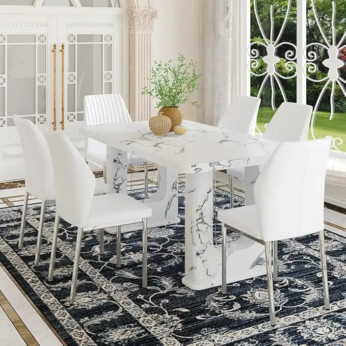 64.5" Modern Farmhouse Dining Table Set for 6 – Wood Dining Table with Decorative Pedestal Legs & 6 Cushioned Chairs