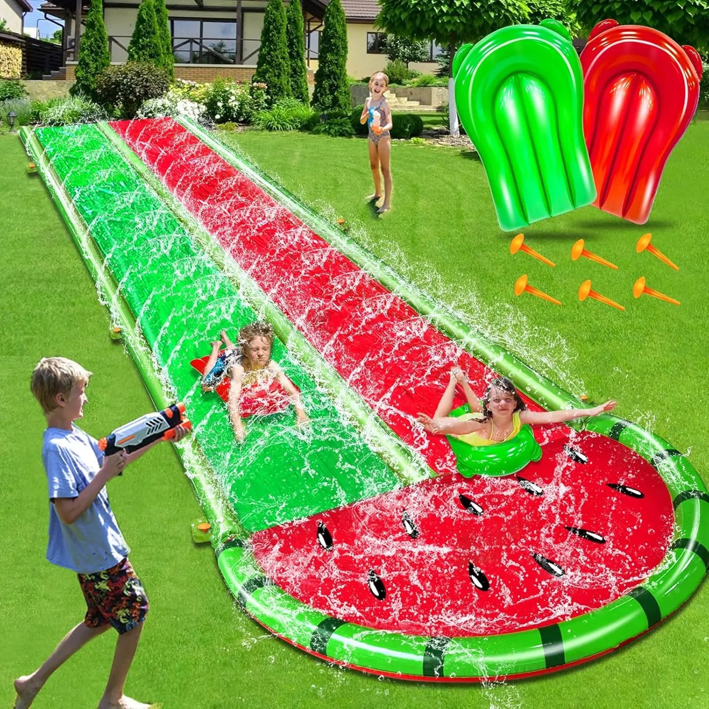 33.3FT Extra Long Double Lane Water Slide for Kids – Race Car Lawn Slip & Splash Slide with 2 Bodyboards and Safety Fence for Outdoor Summer Fun