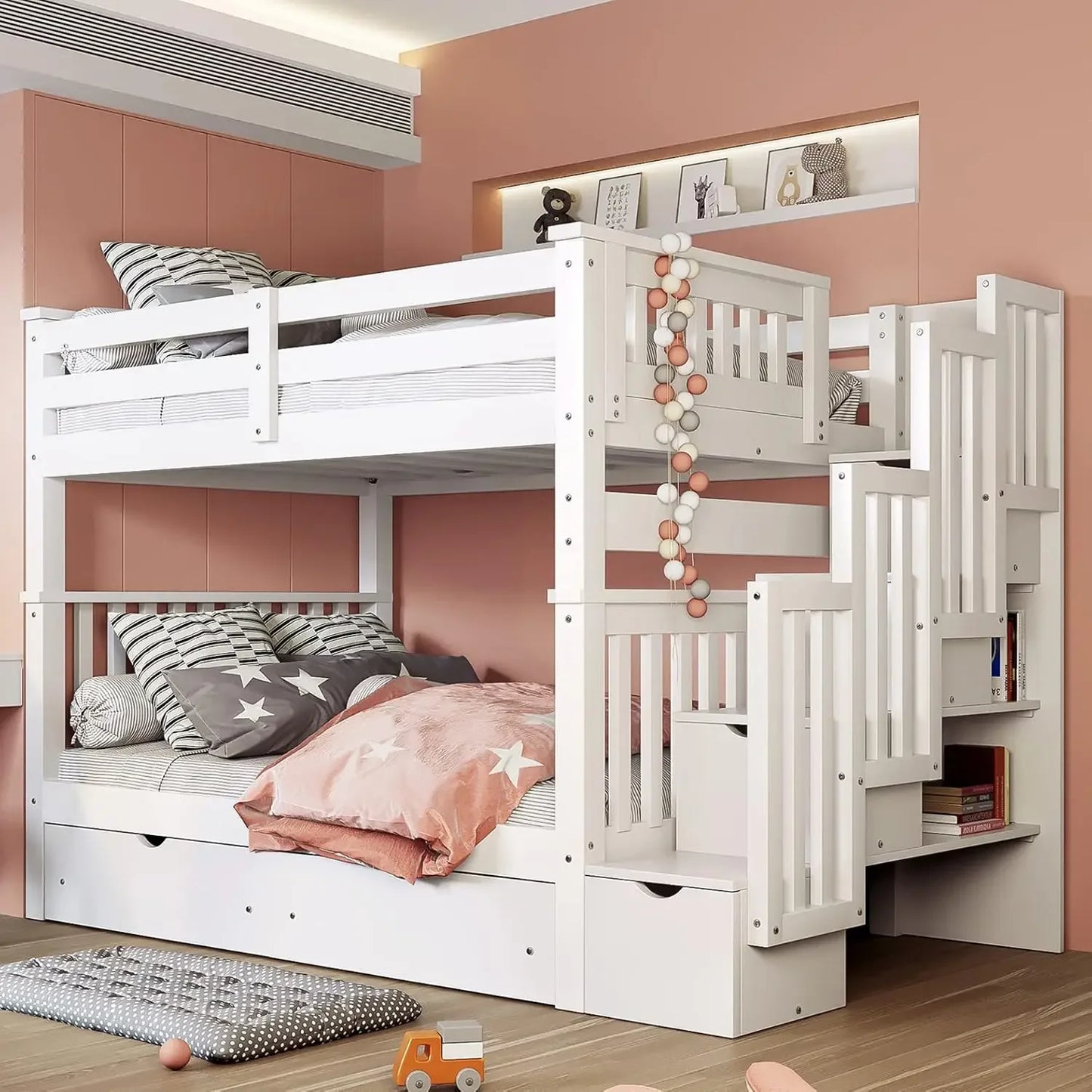 Full Over Full Bunk Bed with Staircase and Storage – Convertible Wood Bunk Bed Frame with Drawers, Shelves, Guardrails, and Solid Pine Construction