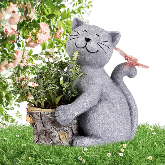 Solar Powered Animal Planter with Light Resin Cat Artwork Flower Pot Creative Kitten Succulent Pot for Cabinet Backyard
