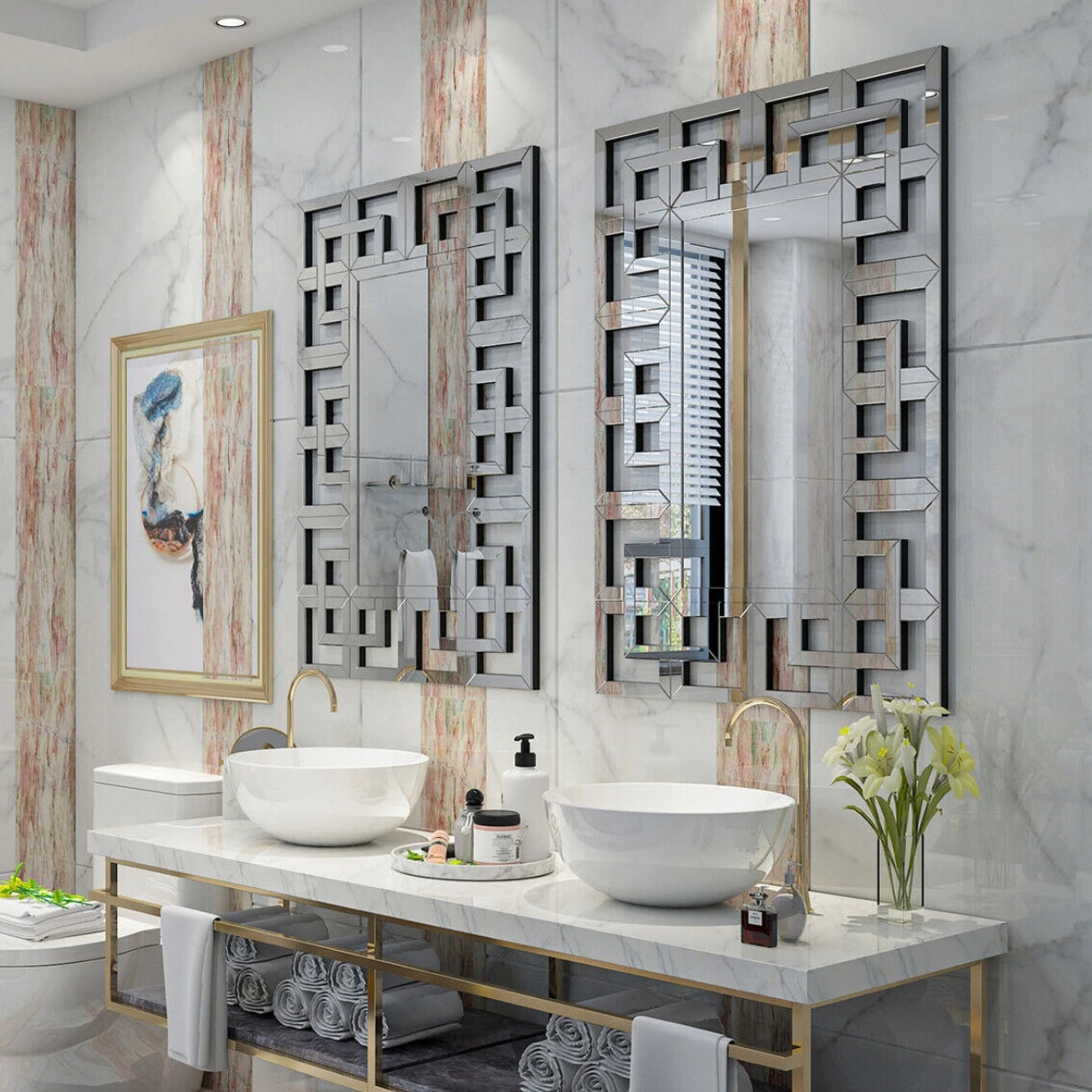 Luxury Silver Geometric Wall Mirror – Rectangular Beveled Glass Accent Mirror for Living Room, Bedroom, or Entryway