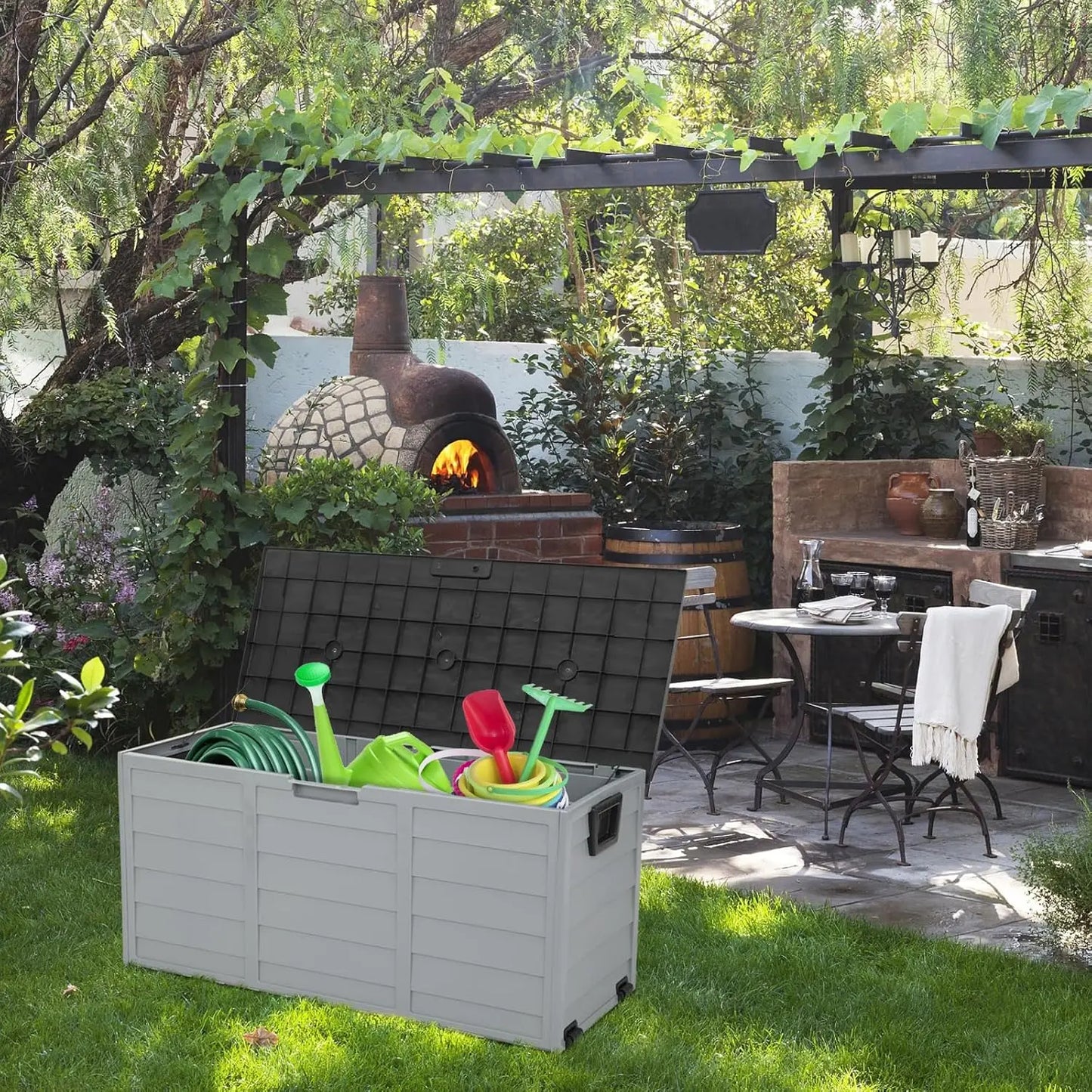 Upgraded 75-Gallon Outdoor Storage Box – Lockable Plastic Deck Box with Lid for Patio, Garden, Yard & Poolside