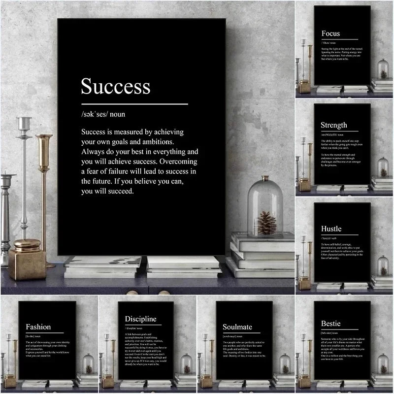 Black Minimalist Inspirational Phrases Poster – Success, Focus, Patience Definition Canvas Wall Art for Home & Office Decor