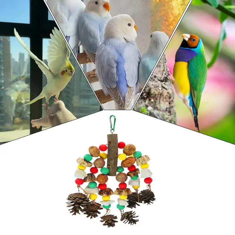 Bird Toys for Parrots – Multicolored Parrot Chewing Toy with Natural Wooden Blocks & Nuts, Hanging Bite Pendant for Parakeets, Cockatiels, Macaws, and Conures