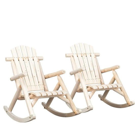 Wooden Rocking Chair Set of 2 – Fir Log Adirondack Rockers, Outdoor Wood Lounge Chairs for Garden, Patio & Backyard