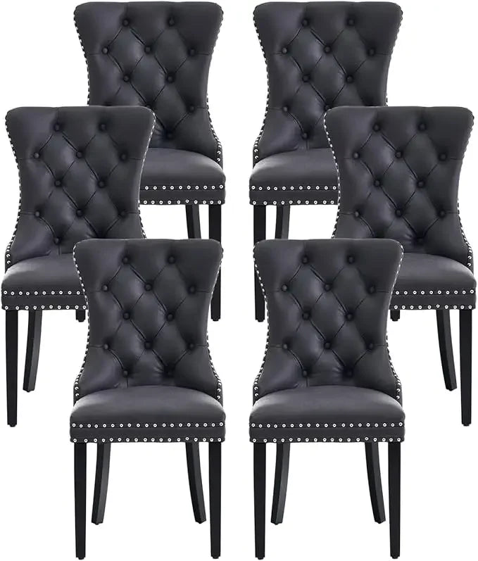 Leather Dining Chairs Set of 6 – Upholstered Wingback Dining Chairs with Nailhead Trim & Solid Wood Legs – Luxury Dining Room Side Chairs