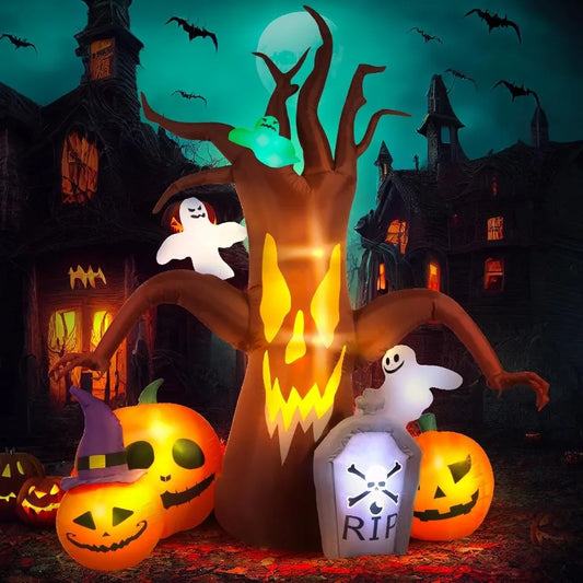 8FT Halloween Inflatable Dead Tree Decoration with Built-In LED Lights – Spooky Blow-Up for Outdoor Garden, Lawn, or Yard Display