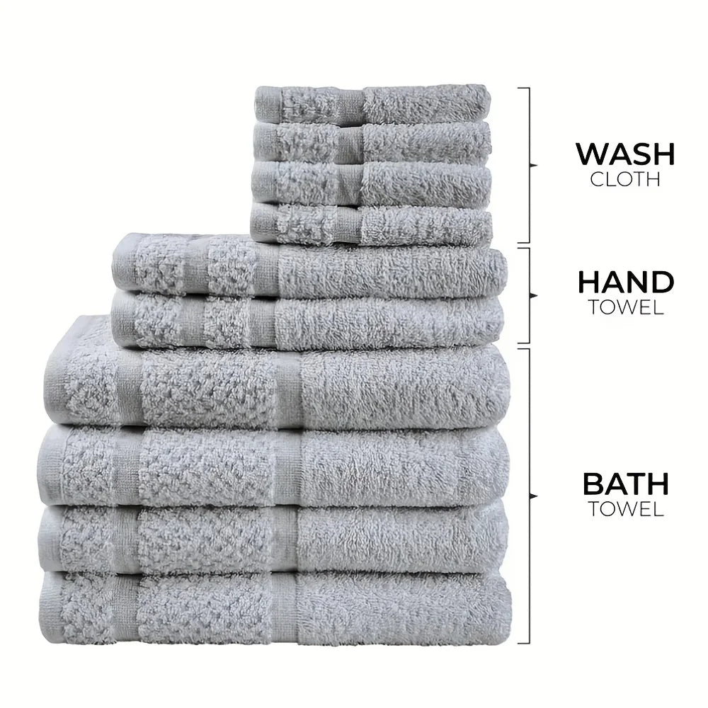 10-Piece Cotton Bath Towel Set – 4 Bath Towels, 2 Hand Towels & 4 Washcloths – Absorbent, Quick-Drying Solid Color Towels for Bathroom