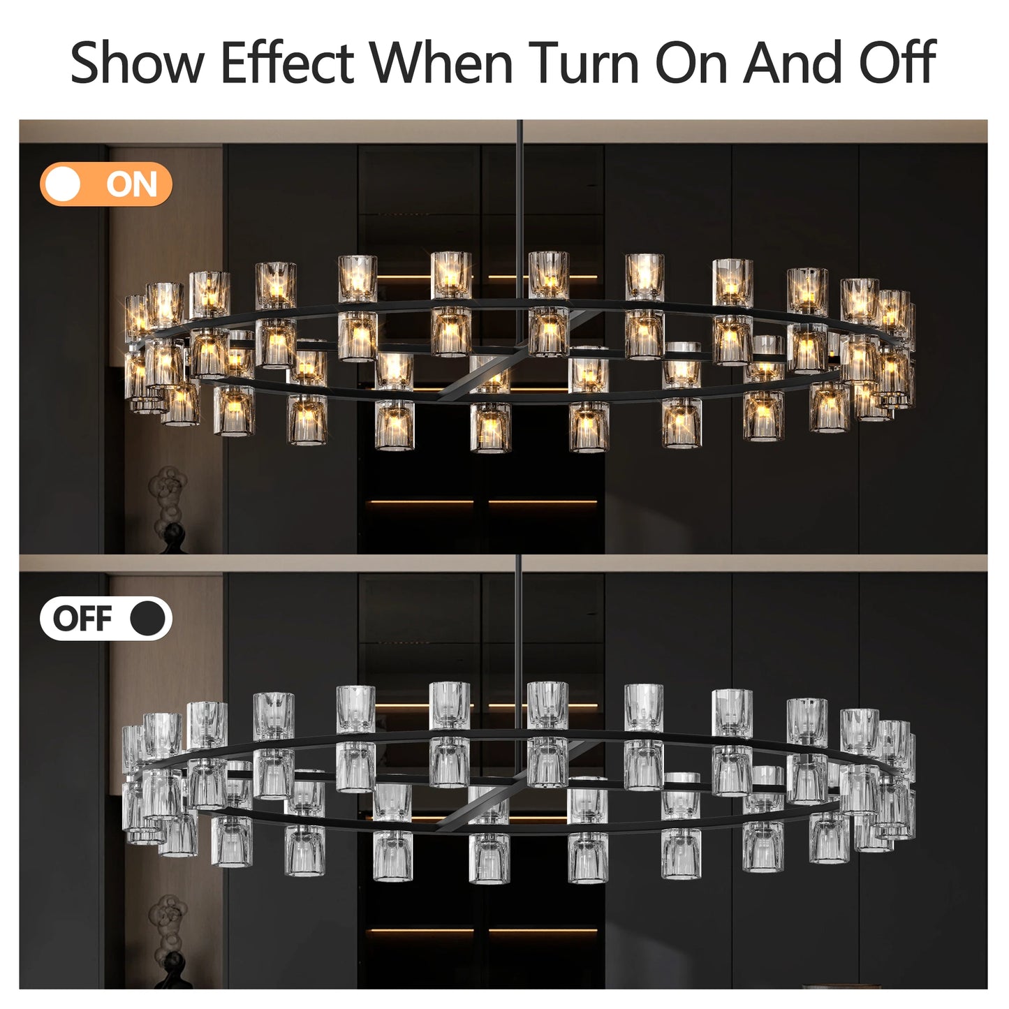 Wagon Wheel Chandelier – 48" Modern Black Round Crystal Light Fixture for Dining Room & Living Room