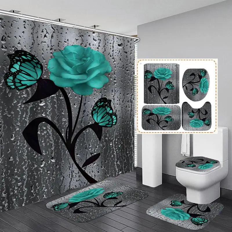 4PCS Bathroom Shower Curtain Set with Non-Slip Rugs, Toilet Seat Cover, Bath Mat & Doormat – Waterproof & Durable Bathroom Home Decor