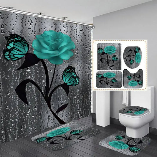 4PCS Bathroom Shower Curtain Set with Non-Slip Rugs, Toilet Seat Cover, Bath Mat & Doormat – Waterproof & Durable Bathroom Home Decor