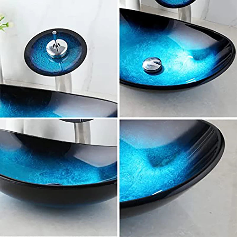 ZAPPO Blue Tempered Glass Bathroom Vessel Sink with Waterfall Black Faucet – Oval Above-Counter Basin Set