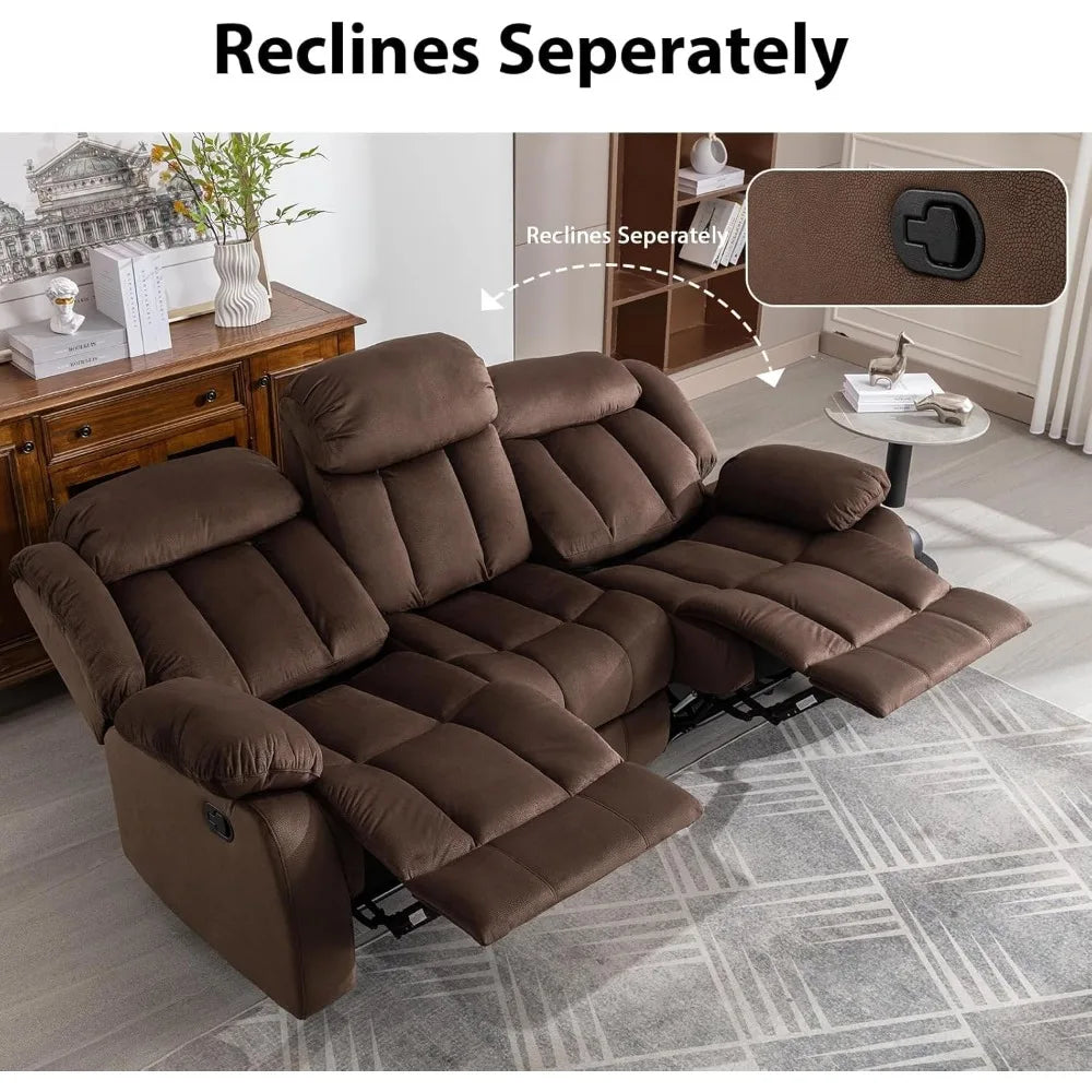 Manual Recliner Sofa – Classic 3-Seat Reclining Couch with Overstuffed Arms & Backrest for Living Room or Bedroom, Brown