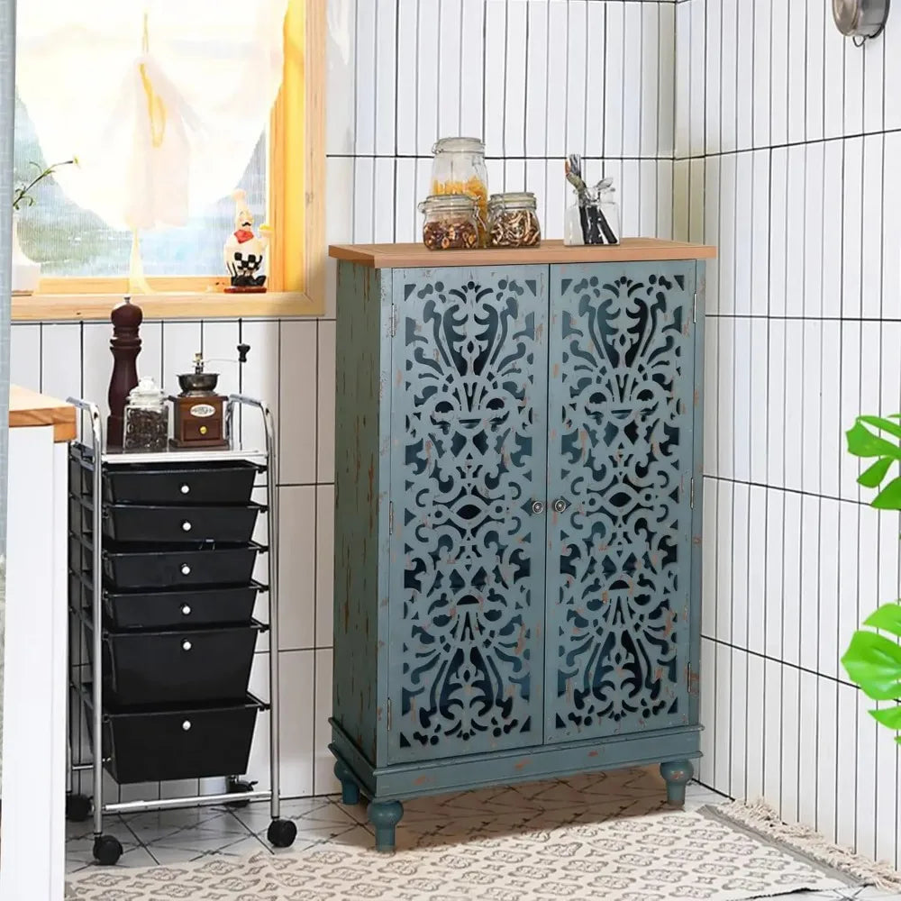 VILLA Tall Farmhouse Accent Cabinet with Hollow Carved Double Doors – Rustic Credenza for Living Room, Entryway, or Dining Storage