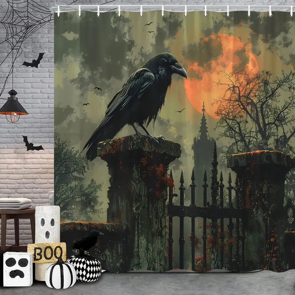 🦇 Spooky Halloween Skeleton & Crow Shower Curtain – Gothic Black Cat & Bat Design with Hooks