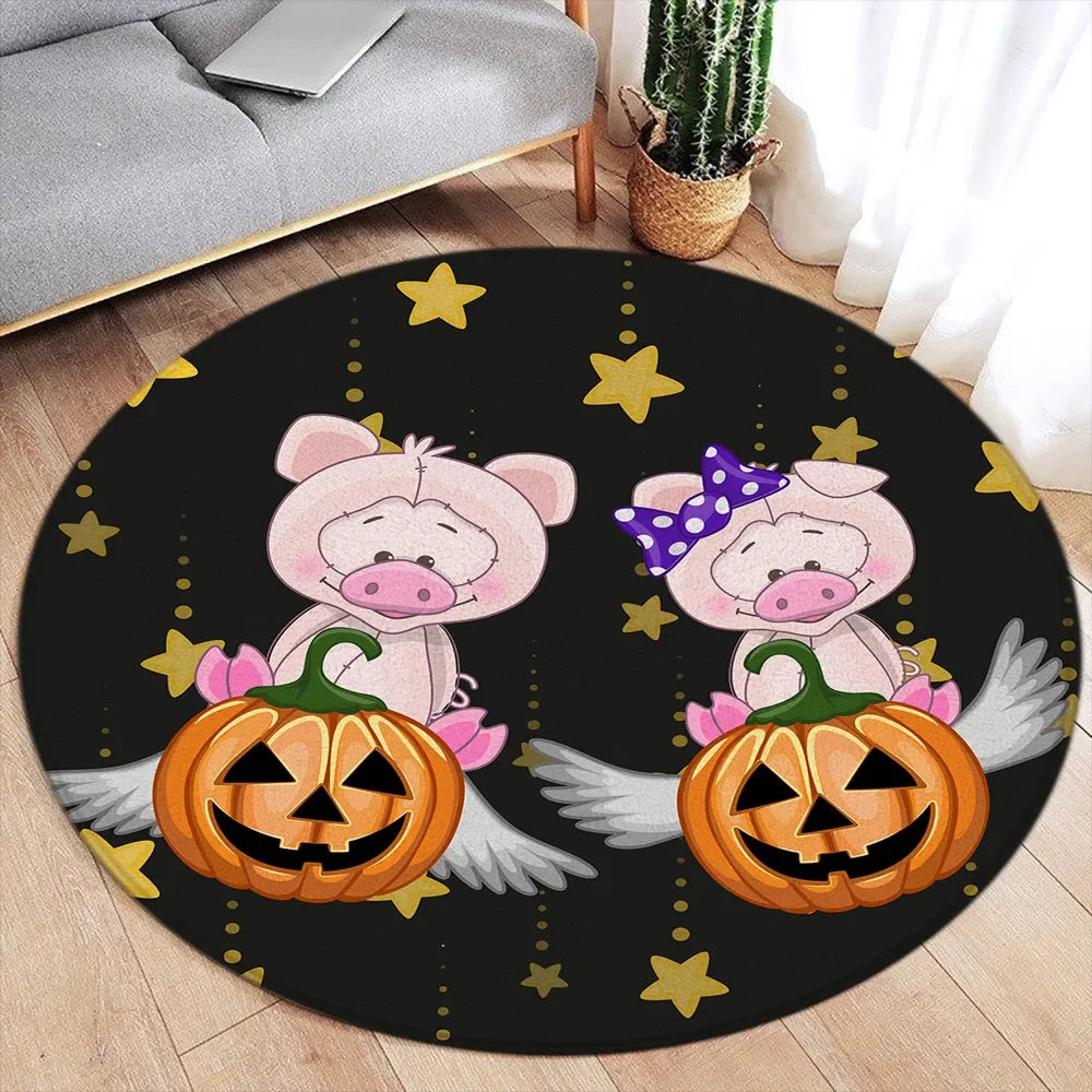 Cartoon Halloween Round Carpet – Cute Ghost, Pumpkin, Black Cat & Bat Rug for Living Room & Bedroom Decor