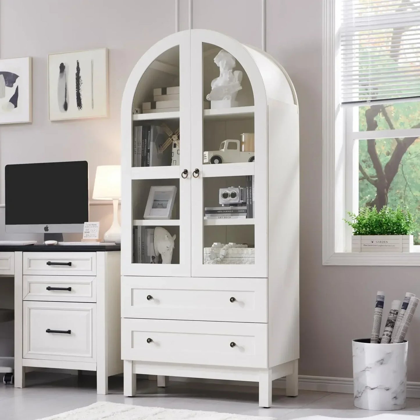 Wooden Display Cabinet w/2 Large Storage Drawers, Glass Doors and Shelves