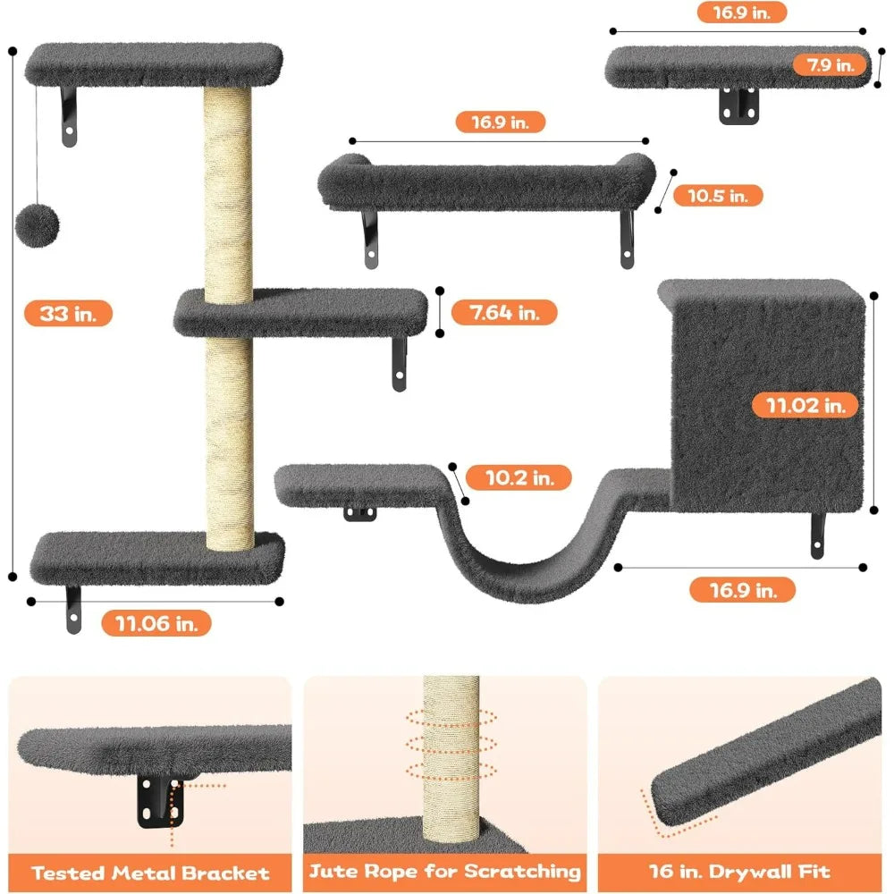 6 in 1 Pet Walls Shelves Set with Wooden Cat Climber, House, Bridge, Tree, Steps