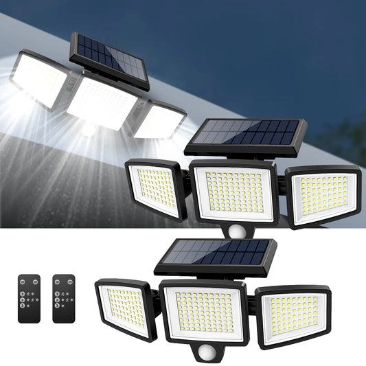 IP65 Waterproof Triple Head Outdoor Solar Light – 210 LED, 2500LM Motion Sensor Security Light for Porch, Garage, Patio, and Yard Entrance