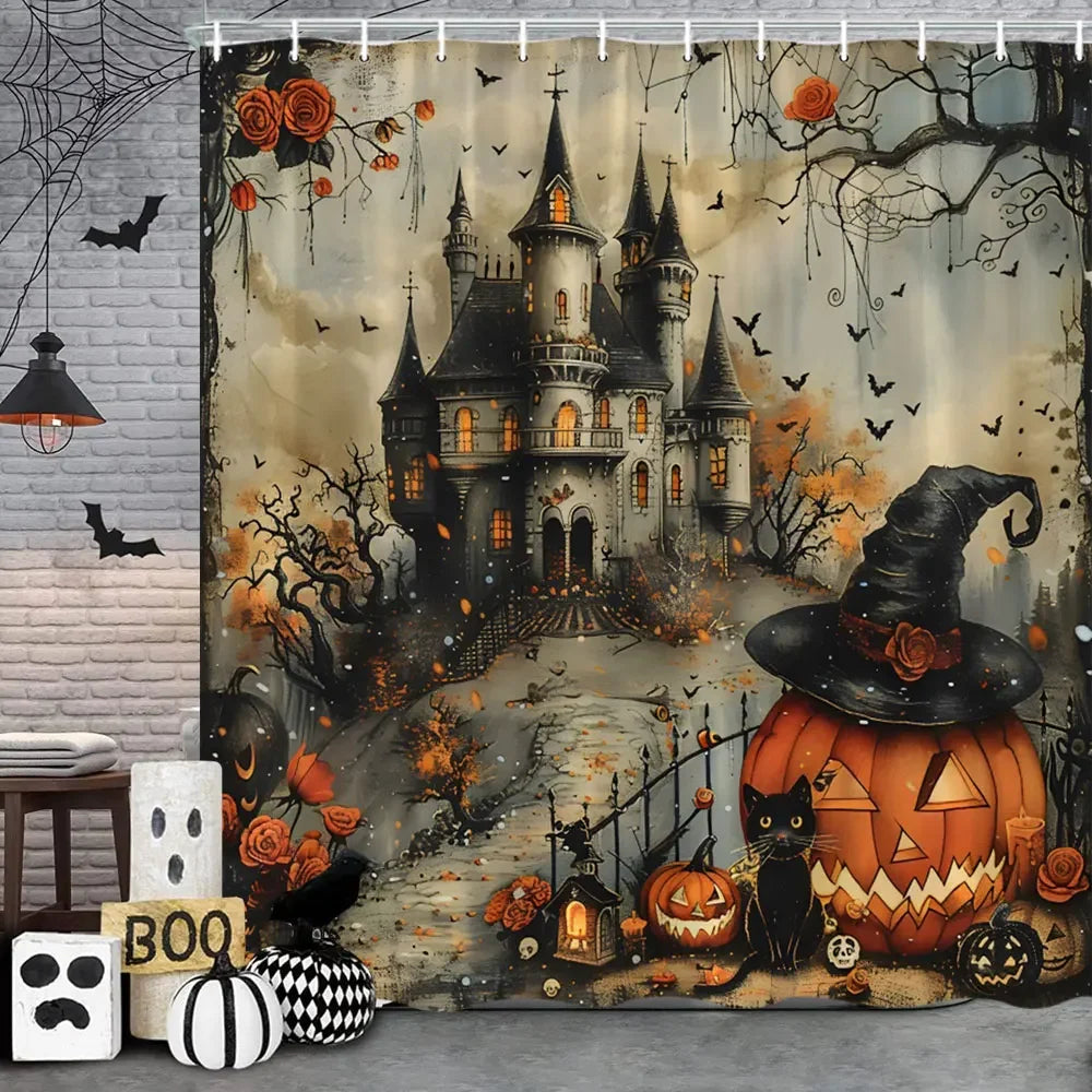 🦇 Spooky Halloween Skeleton & Crow Shower Curtain – Gothic Black Cat & Bat Design with Hooks