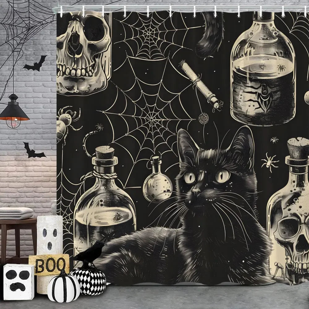 🦇 Spooky Halloween Skeleton & Crow Shower Curtain – Gothic Black Cat & Bat Design with Hooks