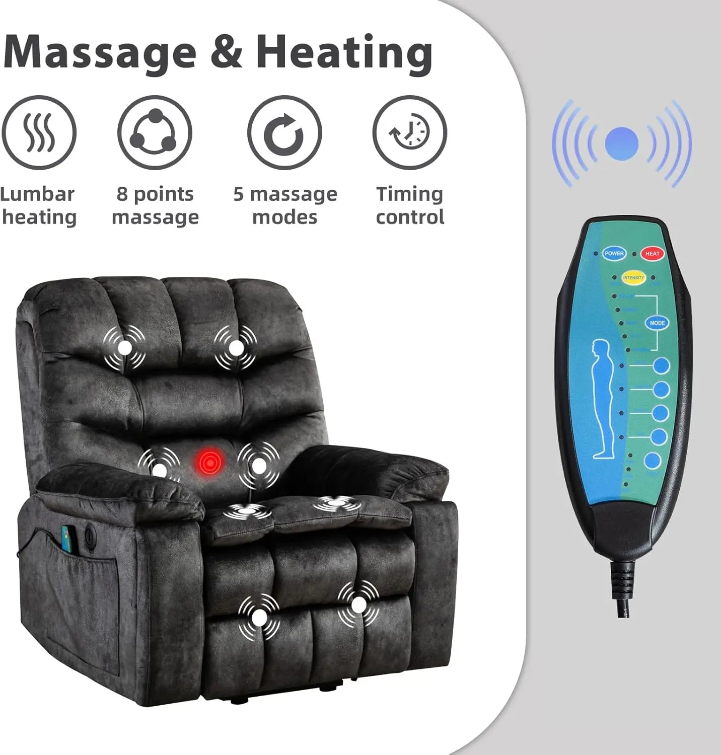 Large Power Lift Recliner Chair with Massage & Heat for Elderly – Oversized Electric Lift Chair for Seniors, Dark Grey