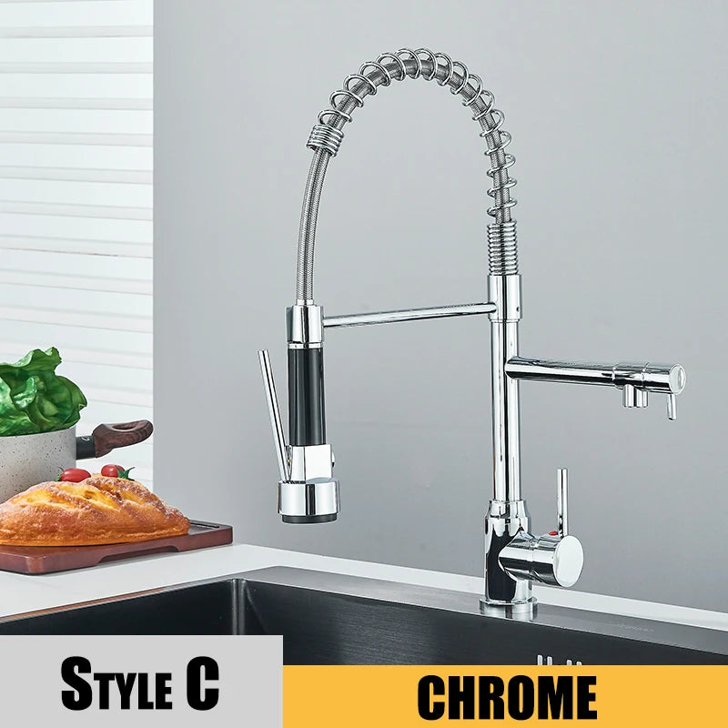 Black Pull Down Kitchen Faucet – 2-Mode Dual Spout Hot & Cold Water Mixer, 360° Swivel, Deck-Mounted Flexible Sink Tap