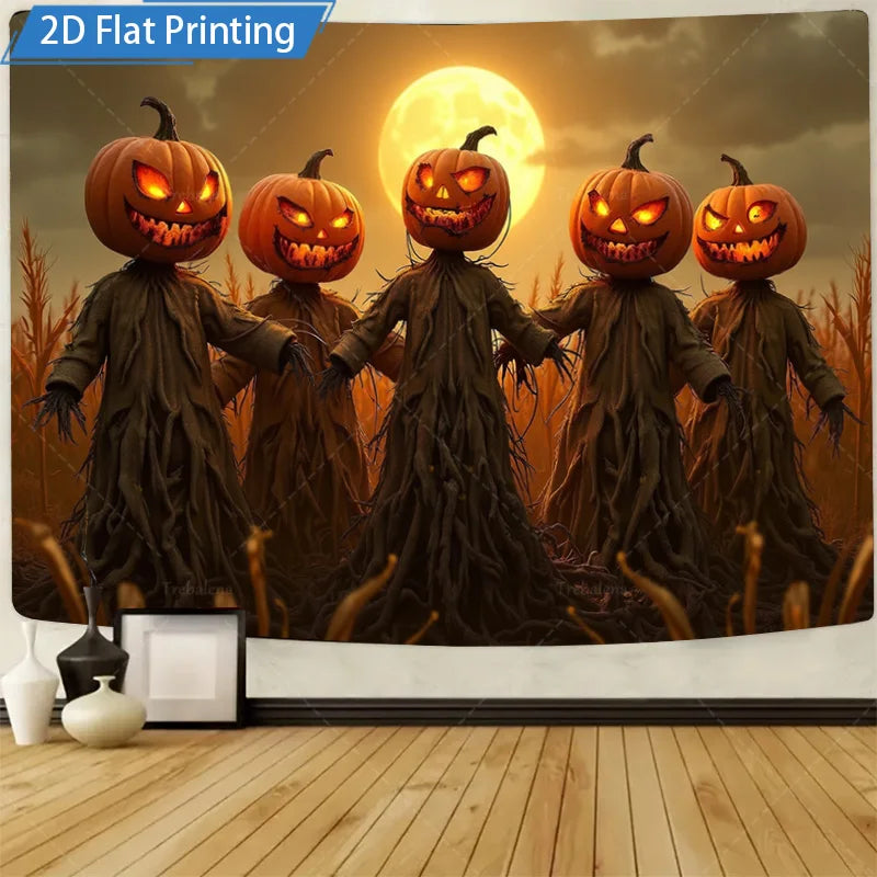 Halloween Wall Tapestry – Monsters, Skulls & Pumpkins, Spooky Welcome Décor for Home, Bedroom, or Party