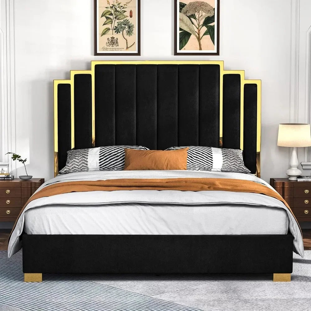 King Size Platform Bed Frame – 65" Velvet Upholstered Headboard with Elegant Gold Trim, Sturdy Wood Slats, No Box Spring Needed