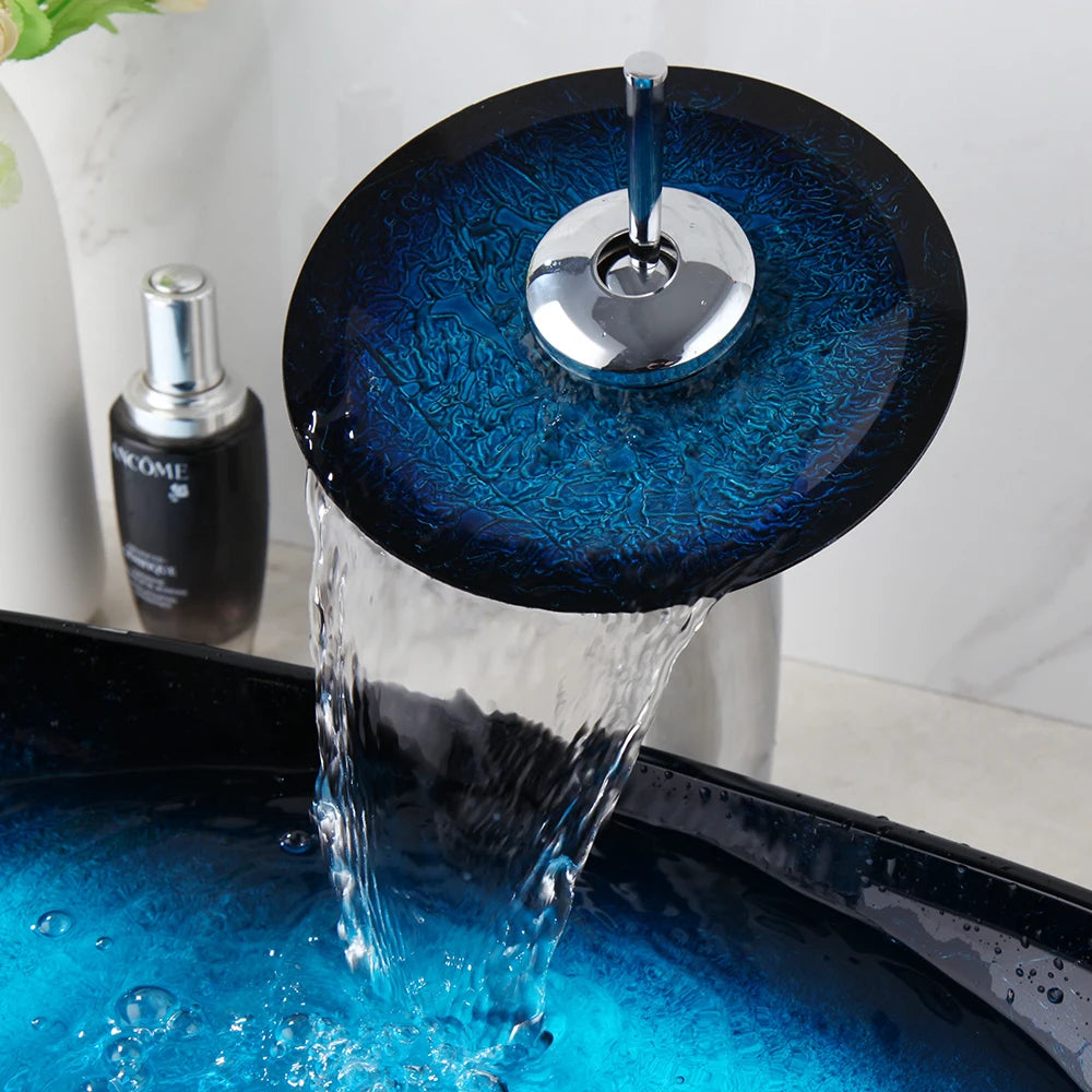 ZAPPO Blue Tempered Glass Bathroom Vessel Sink with Waterfall Black Faucet – Oval Above-Counter Basin Set