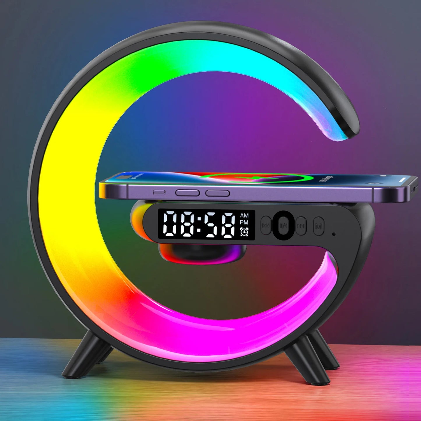 5.9" Wireless Charger Bluetooth Speaker with RGB Light – Fast Charging Stand, Clock, TF Support, Desktop Lamp for iPhone & Samsung