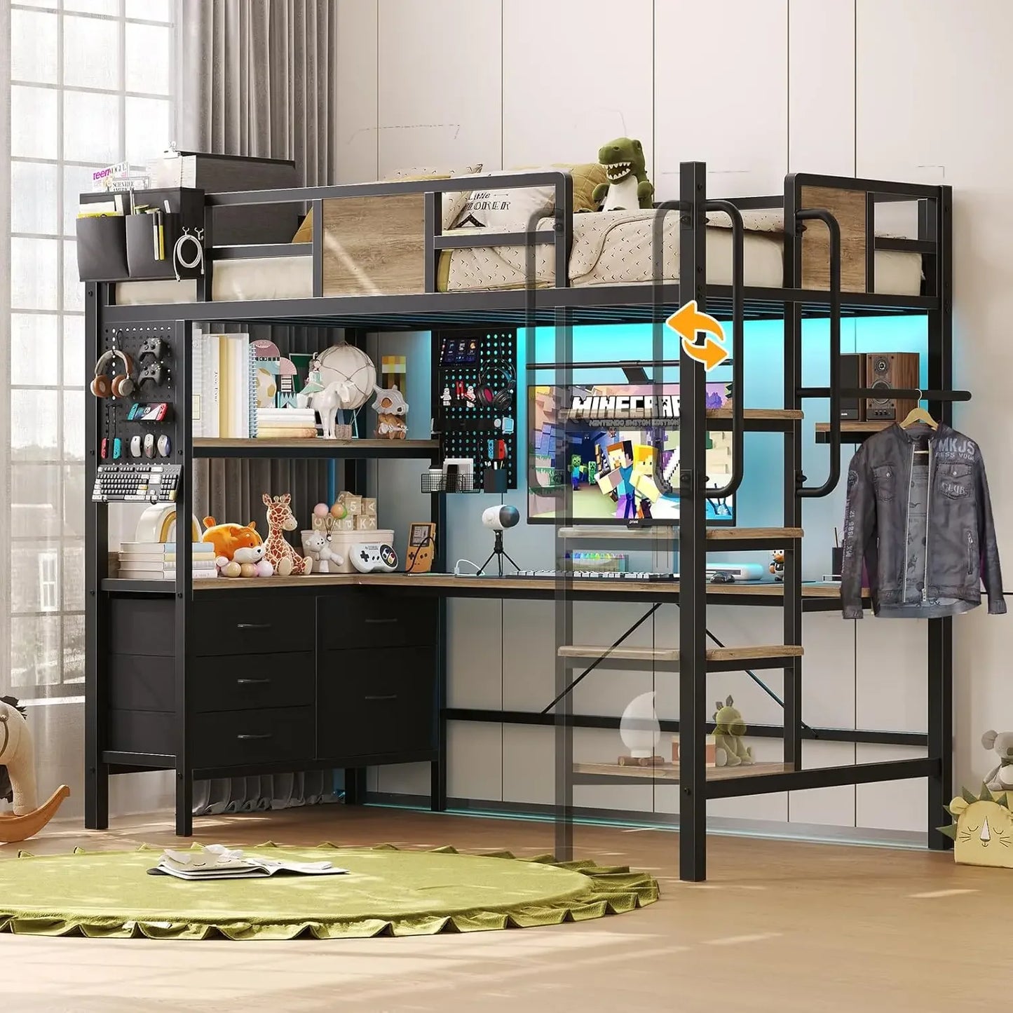 Twin Size Metal Loft Bed with L-Shaped Desk, LED Lights & Charging Station – Space-Saving Bunk Bed with Storage Shelves, 78" Length