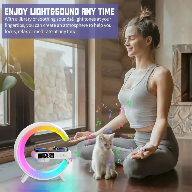 5.9" Wireless Charger Bluetooth Speaker with RGB Light – Fast Charging Stand, Clock, TF Support, Desktop Lamp for iPhone & Samsung