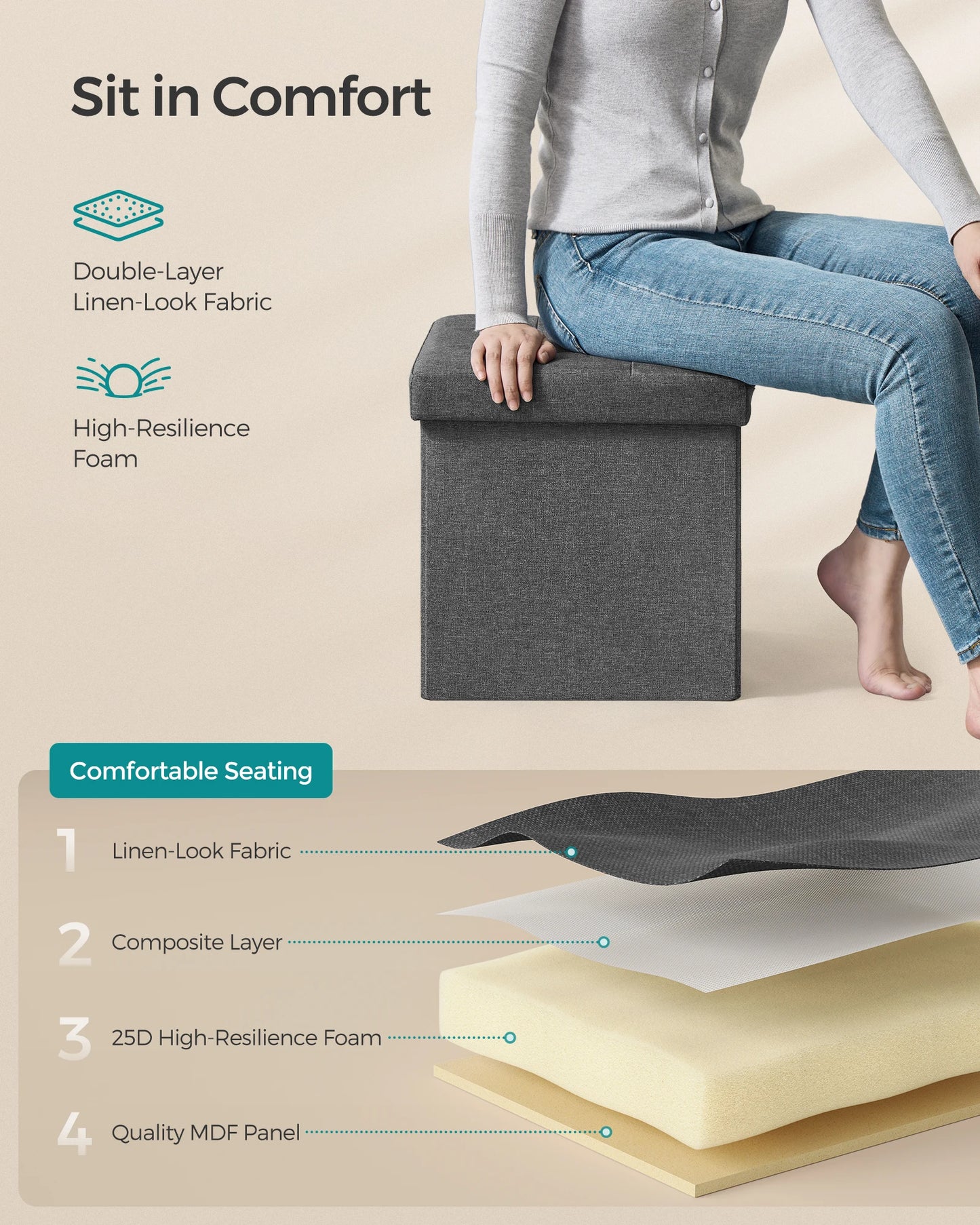 15 Inch Folding Storage Ottoman Foot Rest